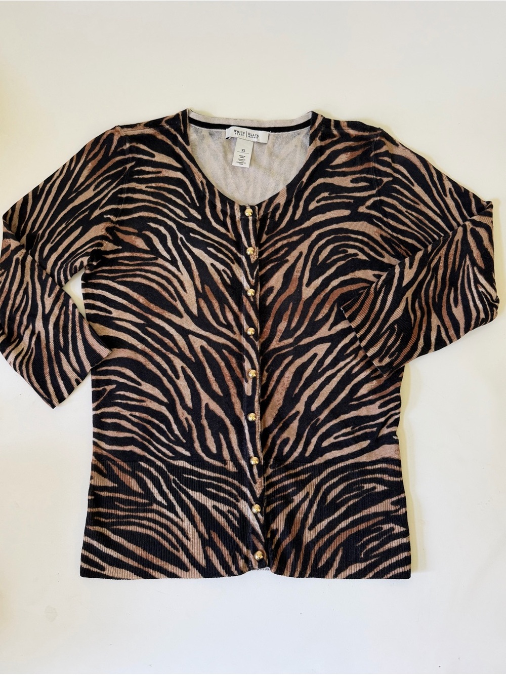 White House Black Market Tiger Print Cardigan 3/4 Length Sleeve Sx XS SNAP CLOSE